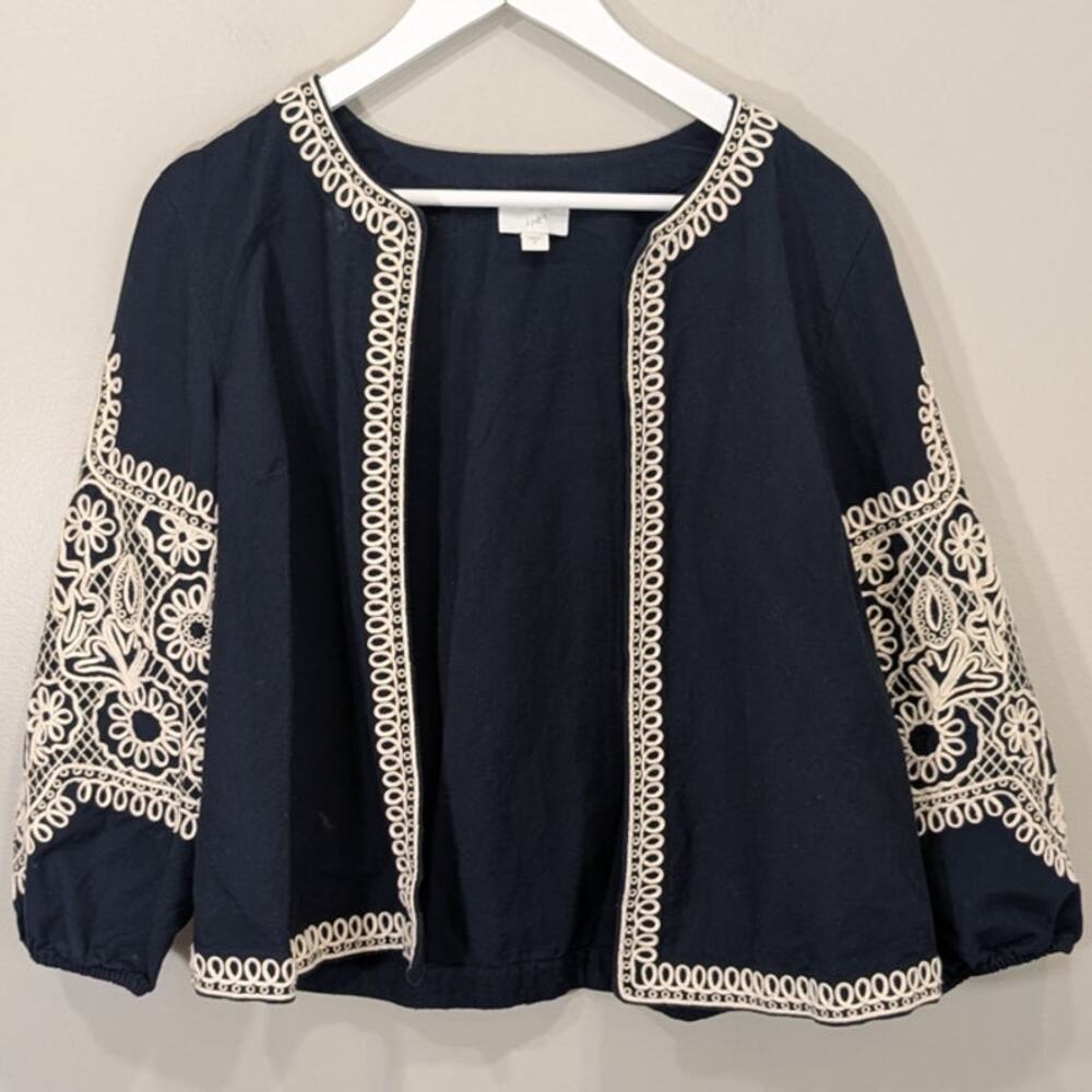 J Jill Linen Jacket Navy Cream Crochet Embroidery Boxy Boho Lagenlook Cardigan S